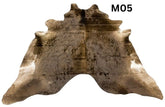 Mocha latte cowhide rug number 05 with natural tonal variation and markings on a white background