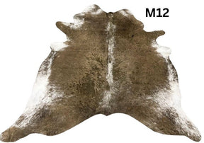 Mocha latte cowhide rug number 12 with natural tonal variation and markings on a white background
