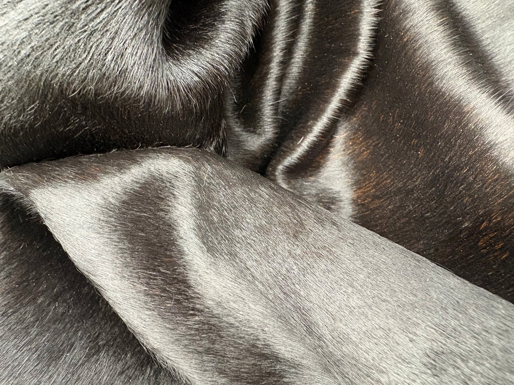 Close-up detail of a natural black cowhide rug showing smooth hair texture and subtle tonal variation