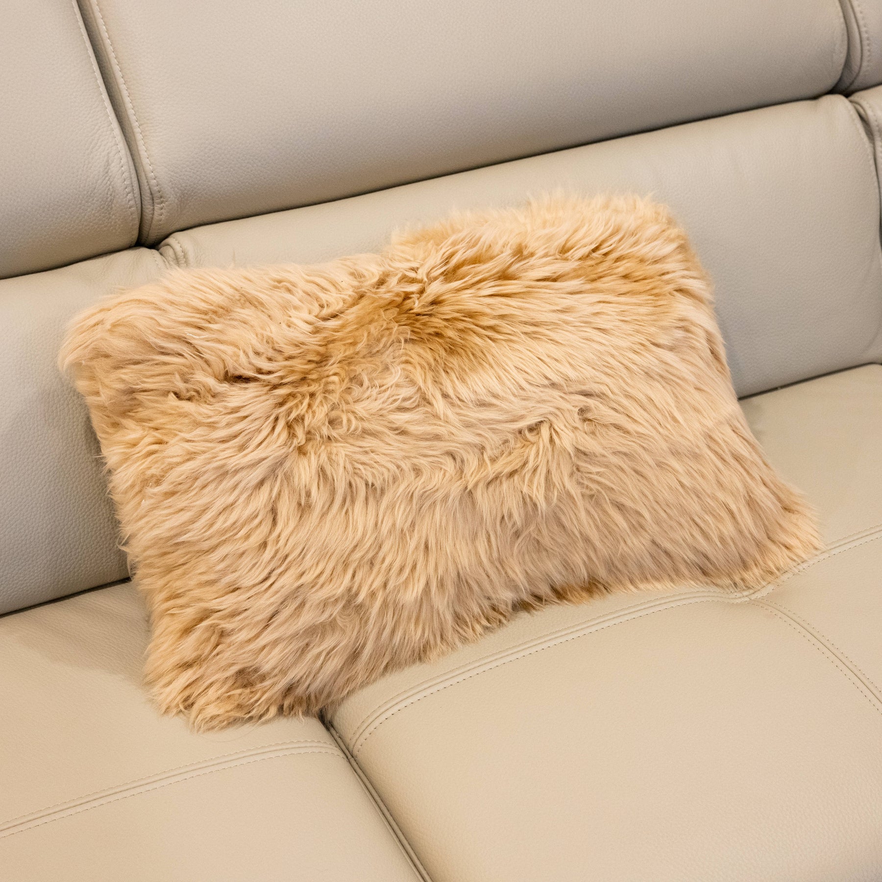 New Zealand sheepskin lumbar cushion in sand with plush long wool texture on a beige sofa