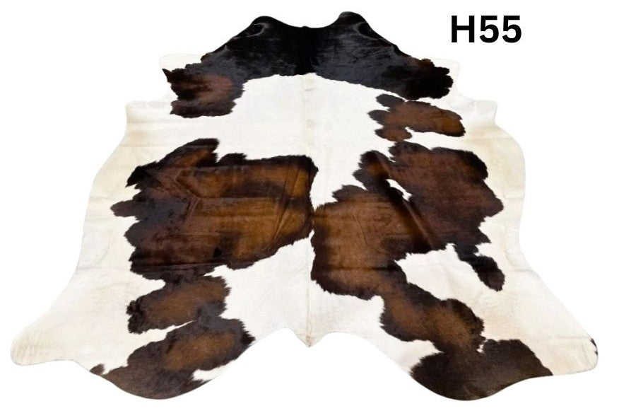 Large reddish brown cowhide rug number 55 with rich dark tones and natural markings on a white background