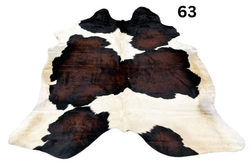 Large reddish brown cowhide rug number 63 with rich dark tones and natural markings on a white background