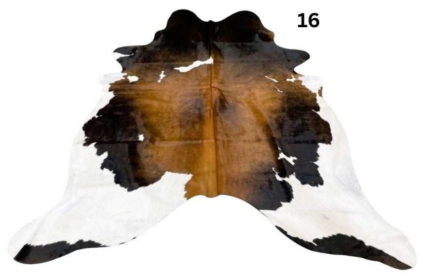 Reddish brown cowhide rug small size hide 16 genuine hide with lighter base and scattered brown markings displayed on white background