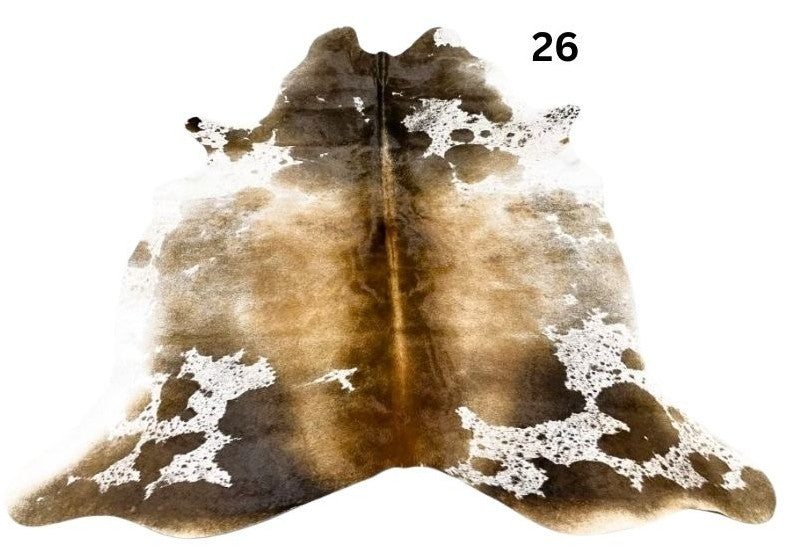 Reddish brown cowhide rug small size hide 26 genuine hide with lighter base and scattered brown markings displayed on white background
