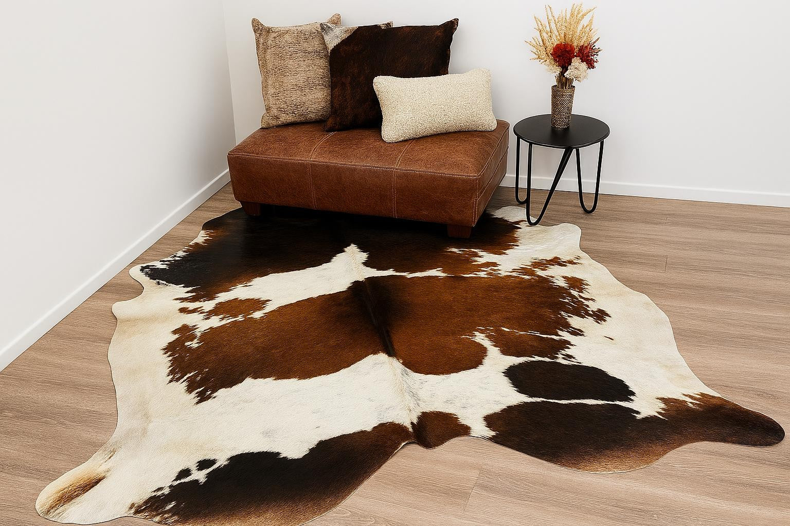 Reddish brown and white cowhide rug styled in a living room with a leather ottoman, cushions, and side table