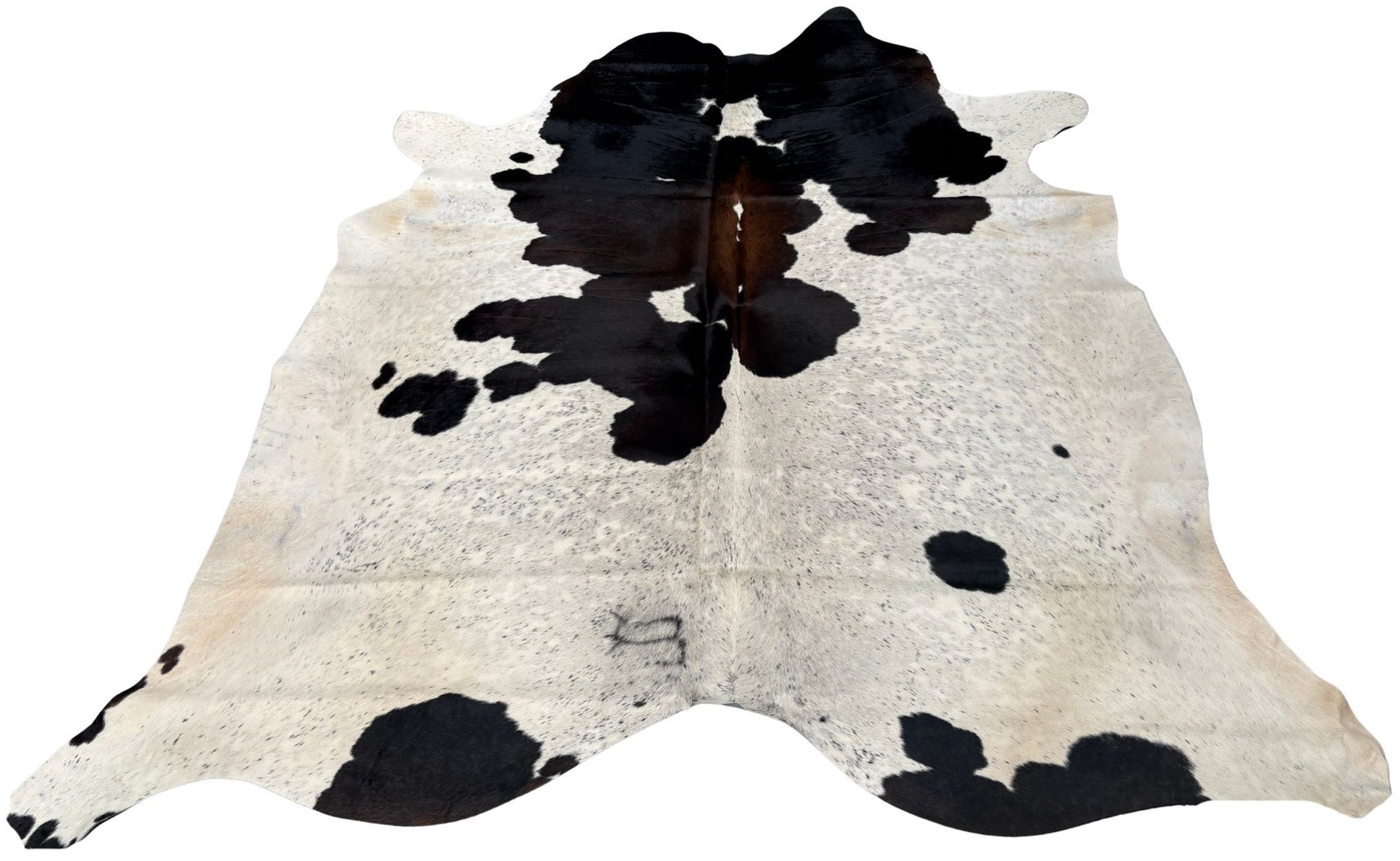 Reddish brown and white cowhide rug with natural markings and smooth hair on a white background