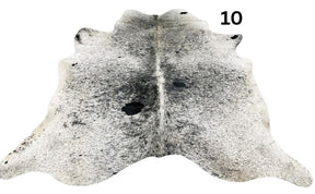 Salt and pepper cowhide rug number 10 with natural markings on a white background