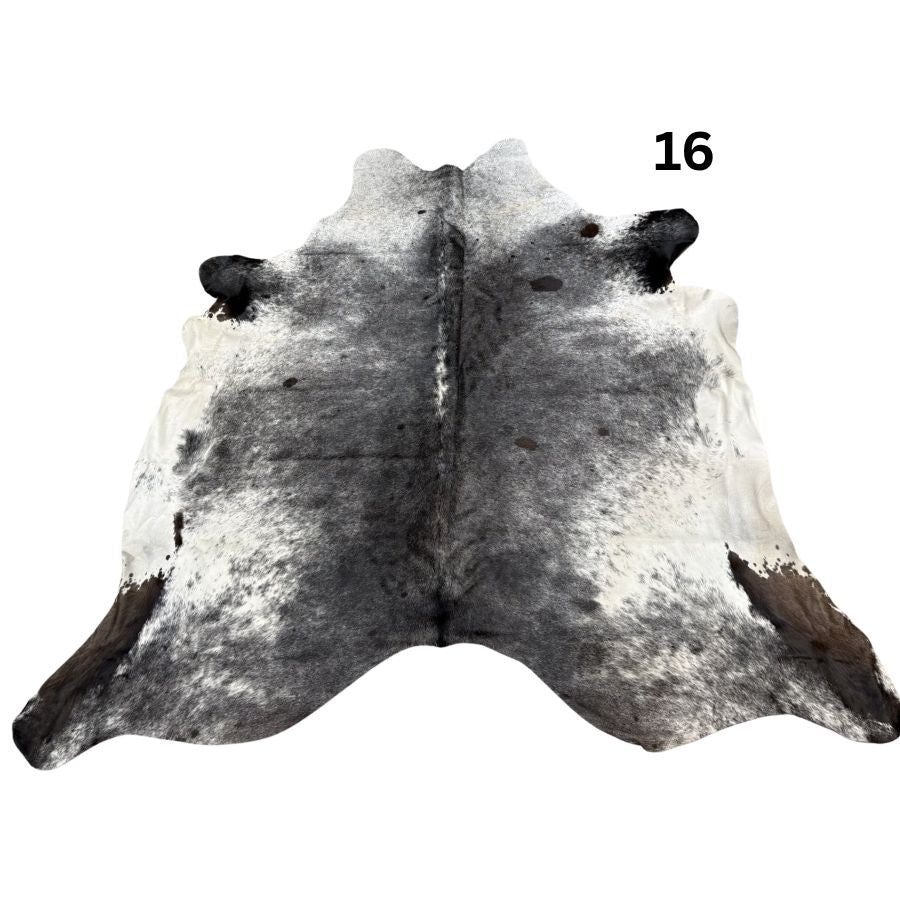 Natural salt and pepper cowhide rug – hide number 16 with unique markings