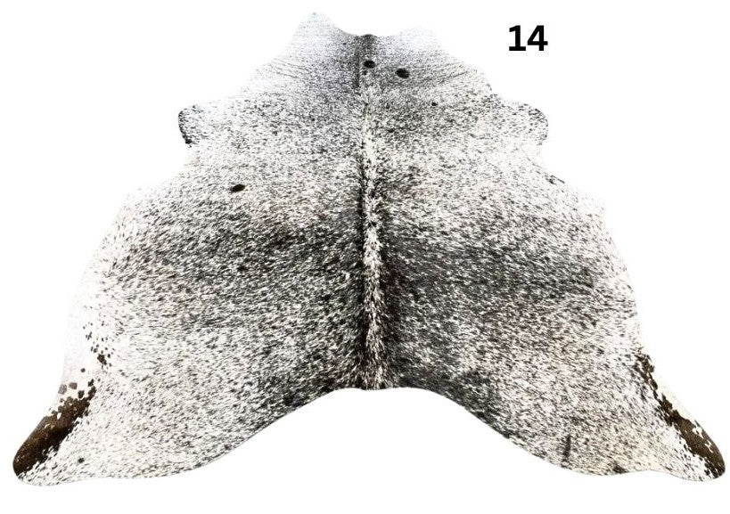 Salt and pepper cowhide rug number 14 with light base tones and fine speckled markings on a white background