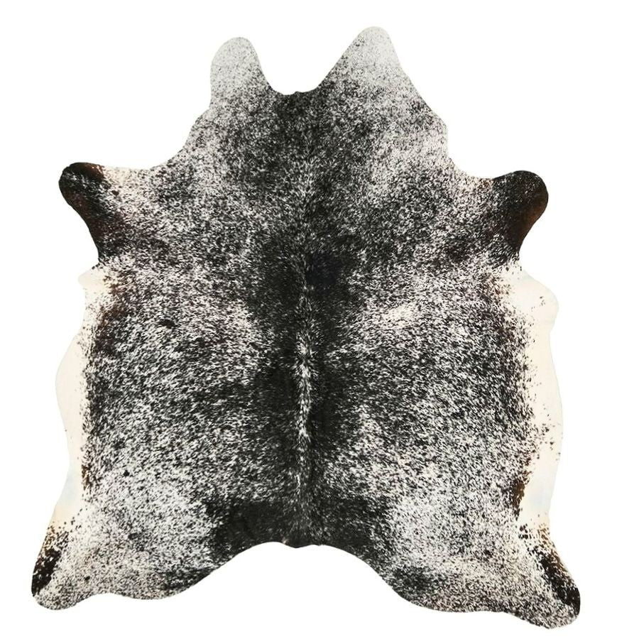 Salt and pepper cowhide rug regular size genuine Brazilian hide with natural speckled markings displayed on white background