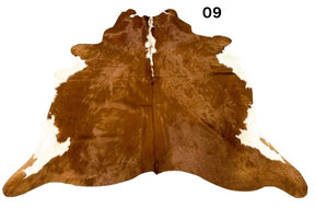 Small brown and white Hereford cowhide rug number 09 with natural markings and central white stripe on a white background