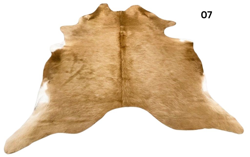 Solid beige cowhide rug number 07 with soft even tones and natural markings on a white background