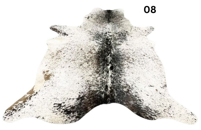Speckled longhorn cowhide rug small size hide 08 genuine hide with light base and brown speckled markings displayed on white background