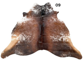 Speckled longhorn cowhide rug small size hide 09 genuine hide with light base and brown speckled markings displayed on white background