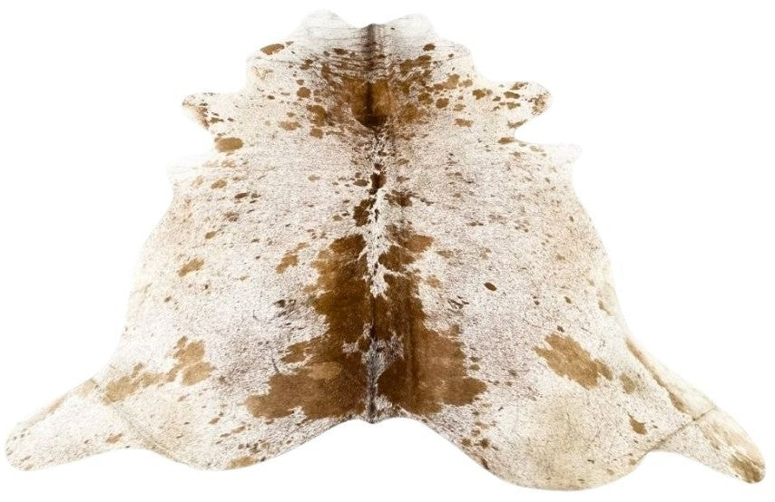 Speckled longhorn cowhide rug small size genuine hide with brown and white natural markings displayed on white background