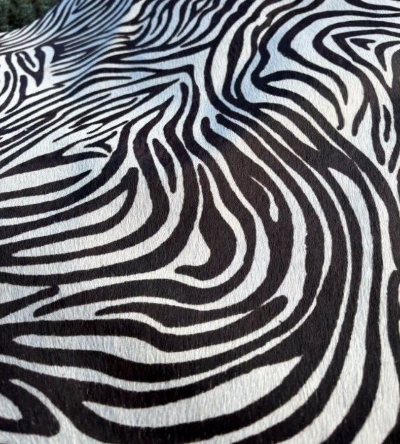 Close-up of zebra print cowhide side showing black and white pattern on natural hair-on-hide leather