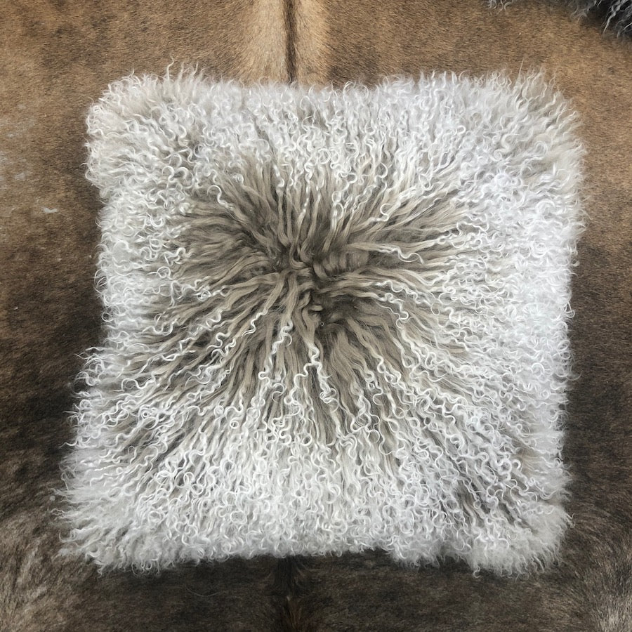 Mongolian Sheepskin Cushion - Khaki White Tip 40cm