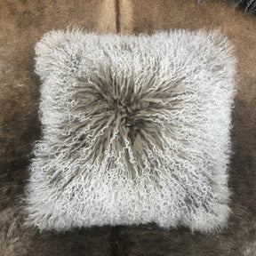 Mongolian Sheepskin Cushion - Khaki White Tip 50cm