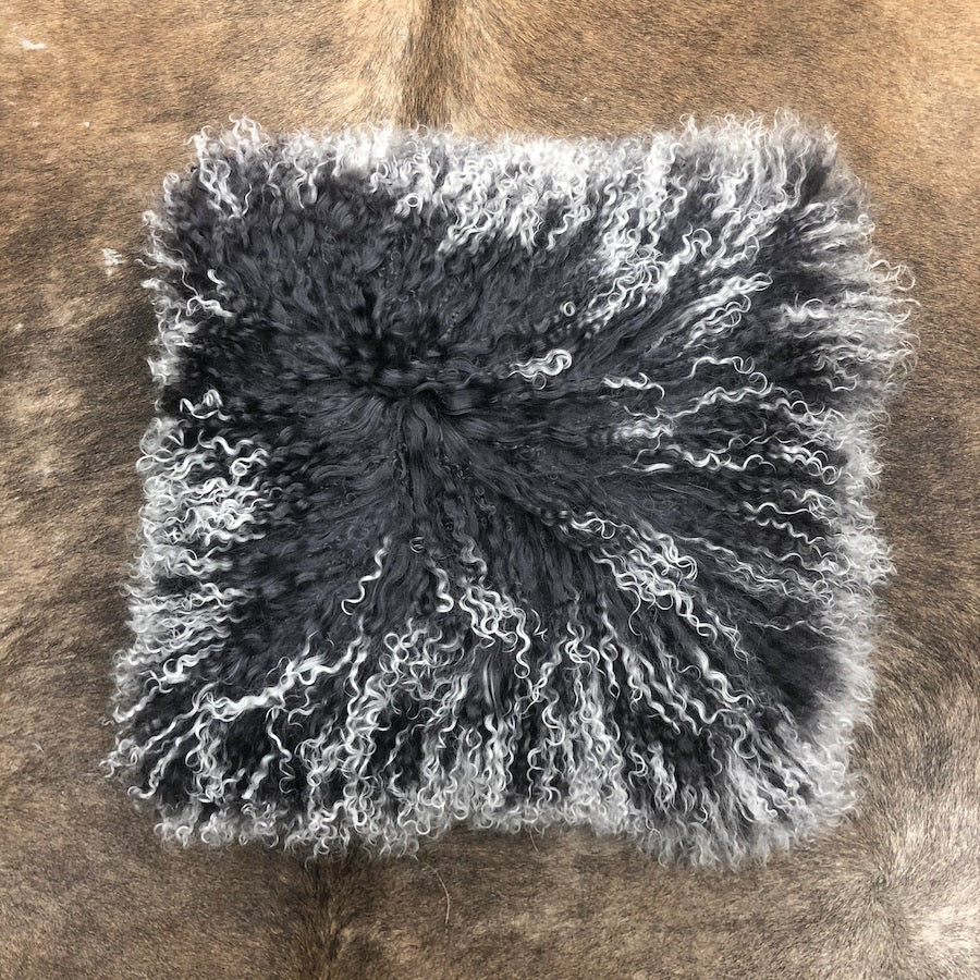 Mongolian Sheepskin Cushion - Charcoal White Tip 50cm
