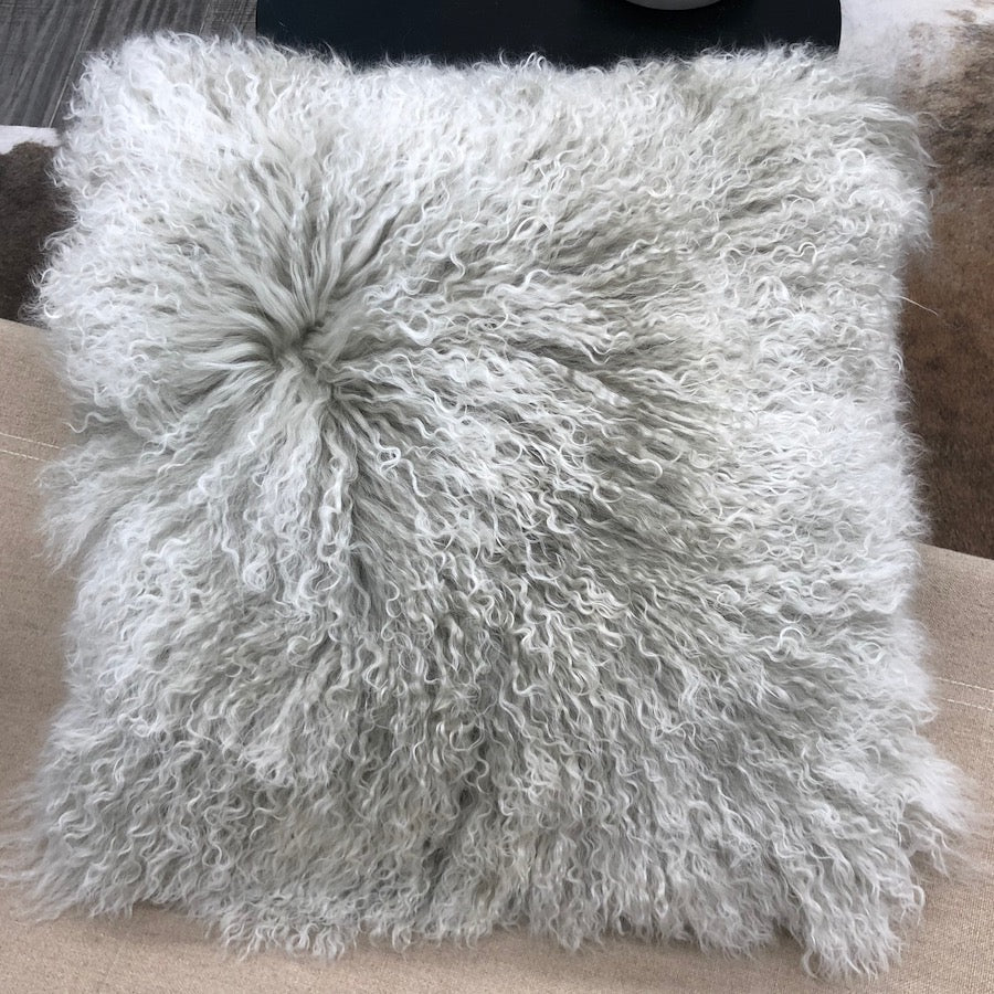 Mongolian Sheepskin Cushion - Grey White Tip 50cm