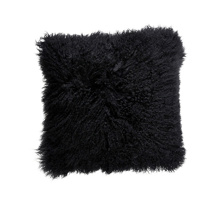 Black Mongolian sheepskin cushion with long hair texture photographed flat on a white background