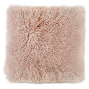Blush Mongolian sheepskin cushion with long hair texture photographed flat on a white background