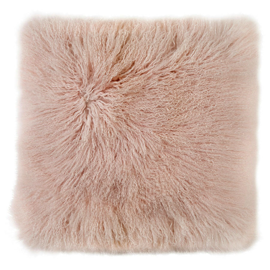 Blush Mongolian sheepskin cushion with long hair texture photographed flat on a white background