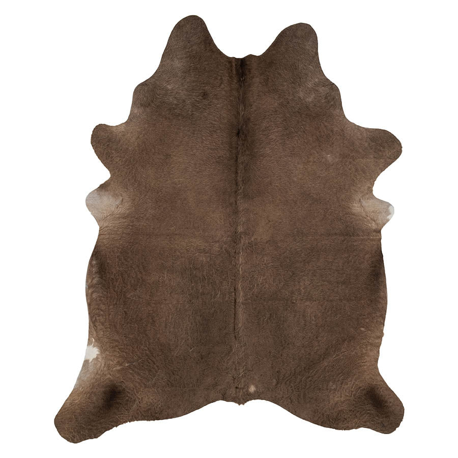 Example of a mocha latte cowhide rug with natural markings shown on a white background
