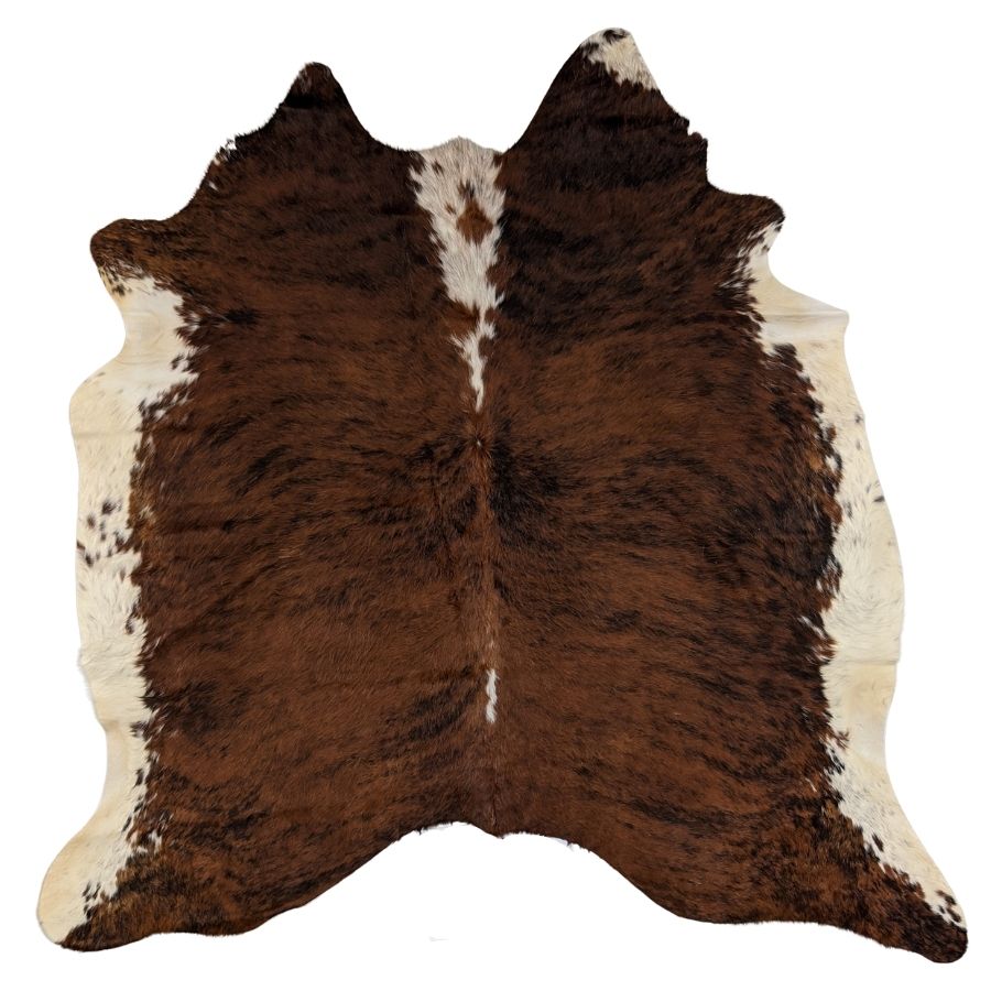 White belly cowhide rug with white spine and natural markings shown on a white background
