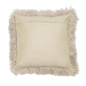 Reverse view of fawn Mongolian sheepskin cushion showing smooth cotton velour backing