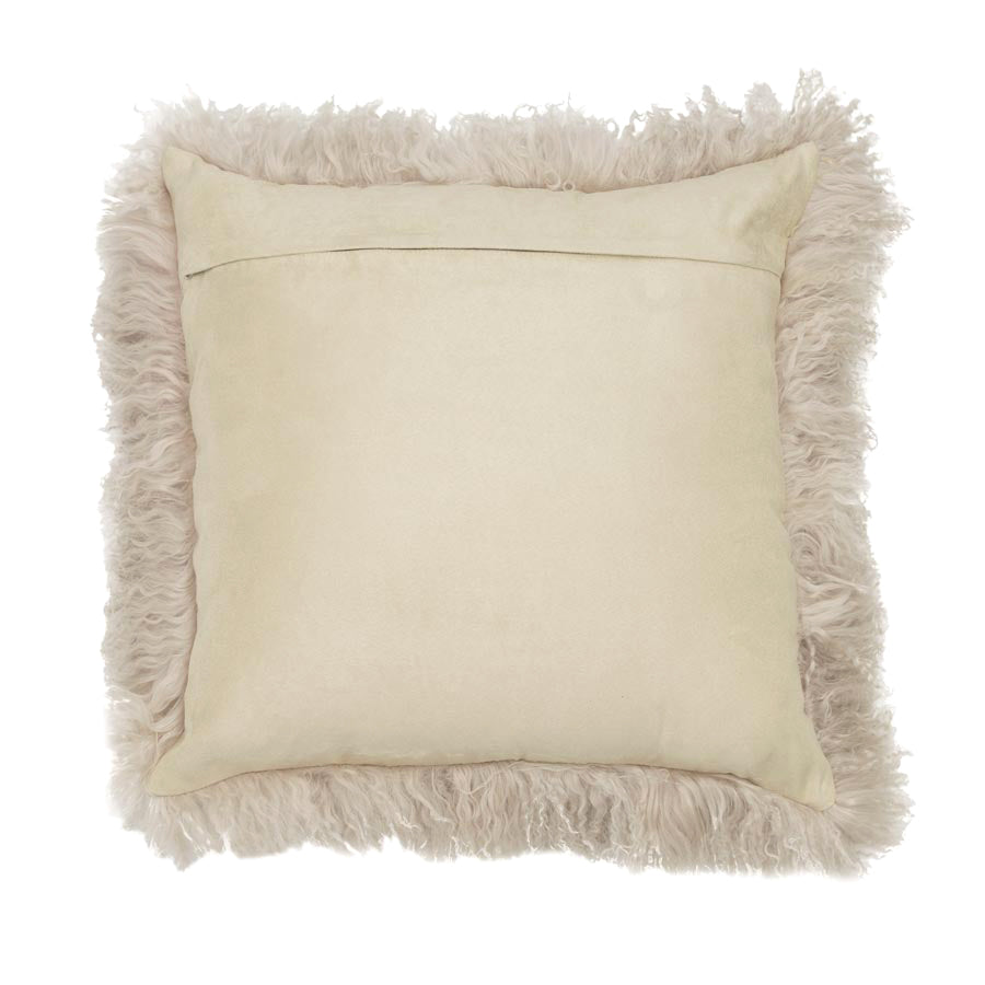 Reverse view of fawn Mongolian sheepskin cushion showing smooth cotton velour backing