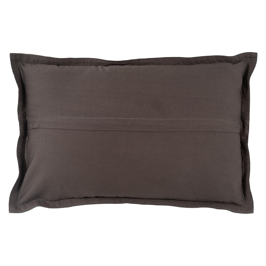 Grey nubuck leather cushion showing textile backing and stitched seam detail