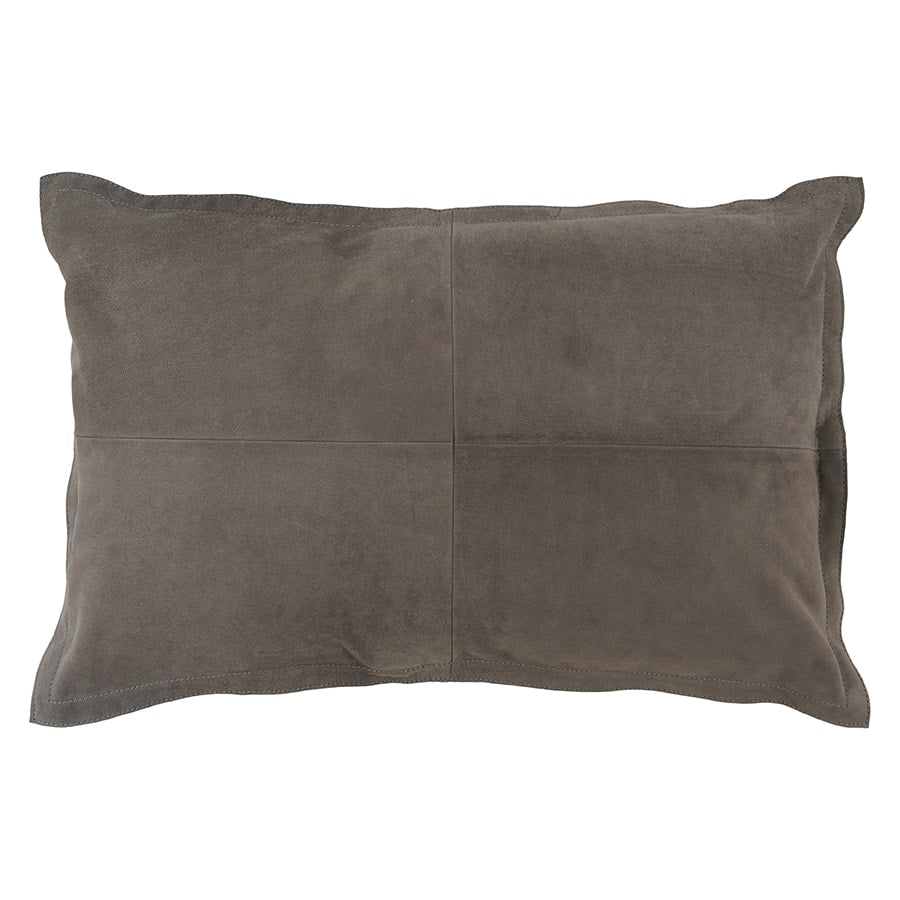 Grey nubuck leather cushion with a smooth matte surface and subtle panel detailing