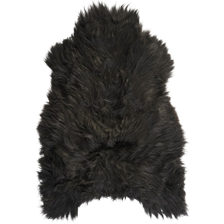 Example of a brown and black Icelandic sheepskin rug shown on a white background