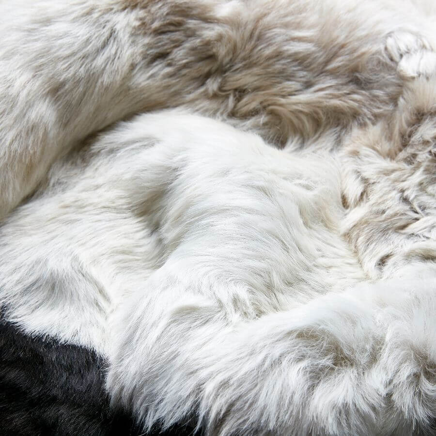 Close-up detail of shorn Icelandic sheepskin rug showing dark edged fleece and soft neutral tones
