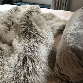 Mongolian Sheepskin Throw Blanket - Grey White Tip
