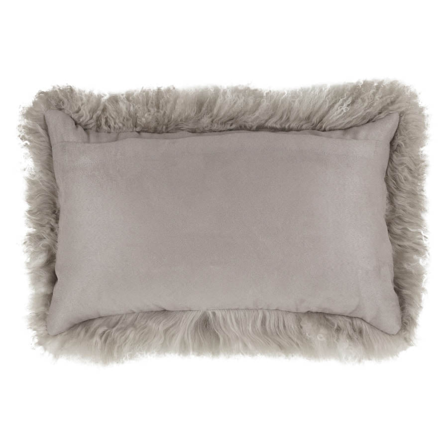 Back view of a grey Mongolian sheepskin lumbar cushion with white tips and cotton velour backing