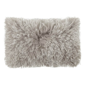Example of a grey Mongolian sheepskin lumbar cushion with white tips shown on a white background