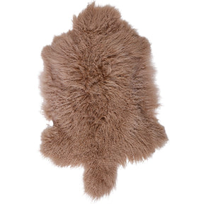 Example of a camel Mongolian sheepskin rug shown on a white background
