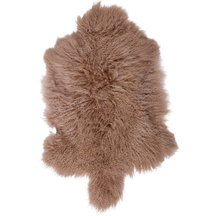Example of a camel Mongolian sheepskin rug shown on a white background