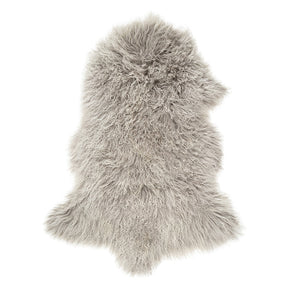 Example of a grey Mongolian sheepskin rug with white tips shown on a white background