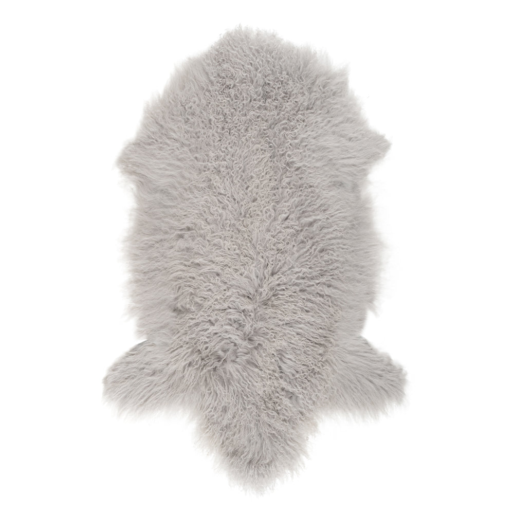 Example of a light grey Mongolian sheepskin rug shown on a white background