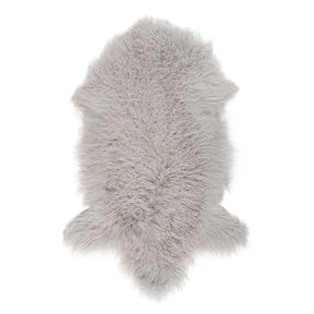 Example of a light grey Mongolian sheepskin rug shown on a white background